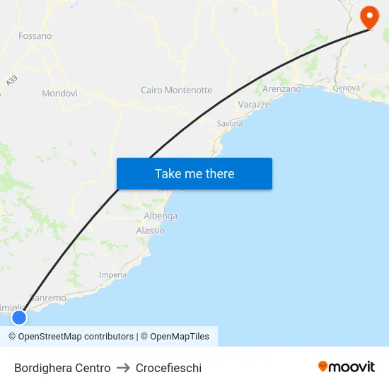 Bordighera Centro to Crocefieschi map