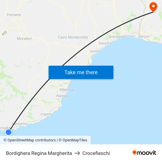 Bordighera Regina Margherita to Crocefieschi map