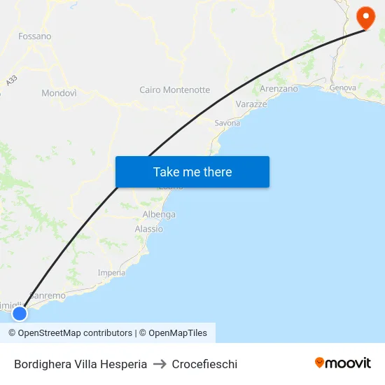 Bordighera Villa Hesperia to Crocefieschi map