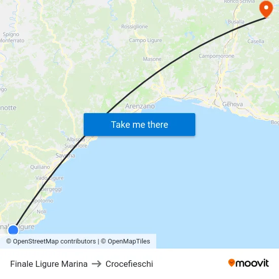 Finale Ligure Marina to Crocefieschi map