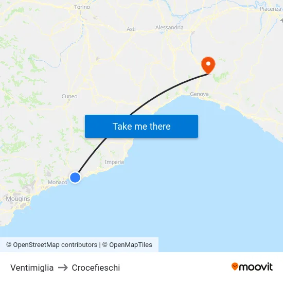 Ventimiglia to Crocefieschi map