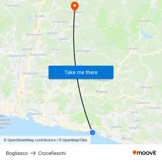 Bogliasco to Crocefieschi map