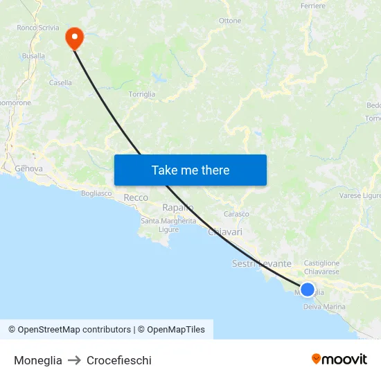 Moneglia to Crocefieschi map