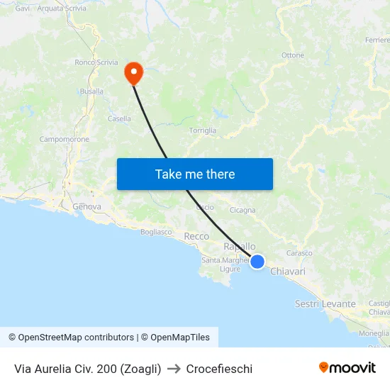 Via Aurelia Civ. 200 (Zoagli) to Crocefieschi map