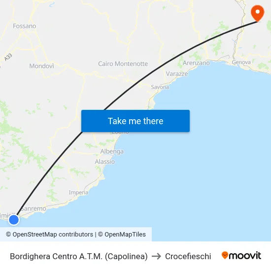 Bordighera Center A.T.M. (Terminal) to Crocefieschi map