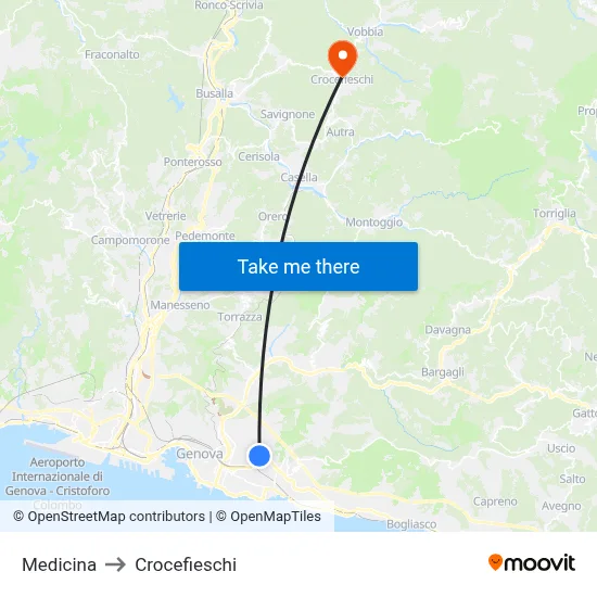 Medicina to Crocefieschi map