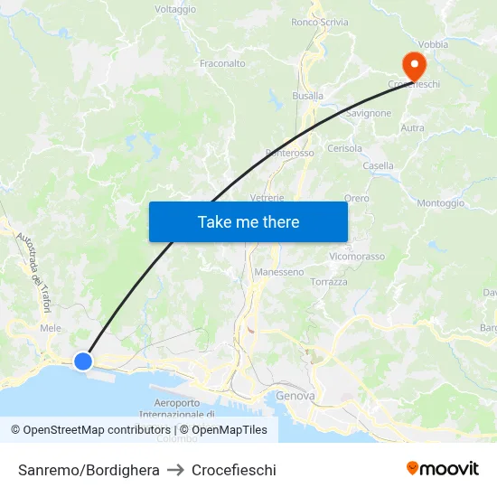 Sanremo/Bordighera to Crocefieschi map