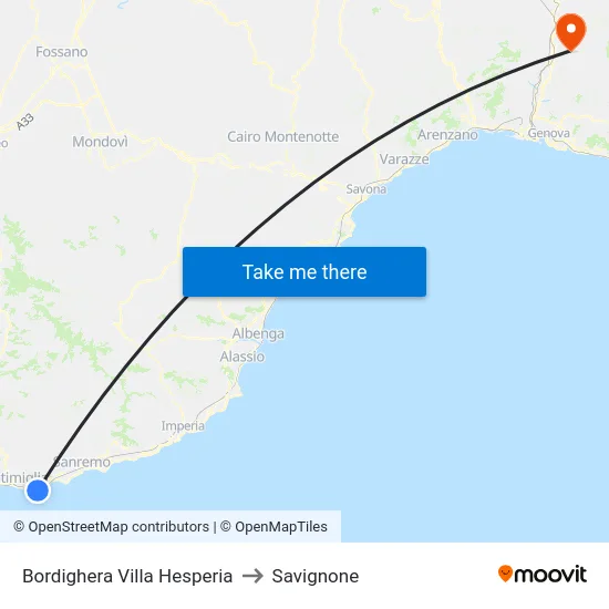 Bordighera Villa Hesperia to Savignone map