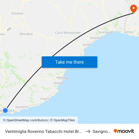 Ventimiglia Roverino Tabacchi Hotel Bruno to Savignone map