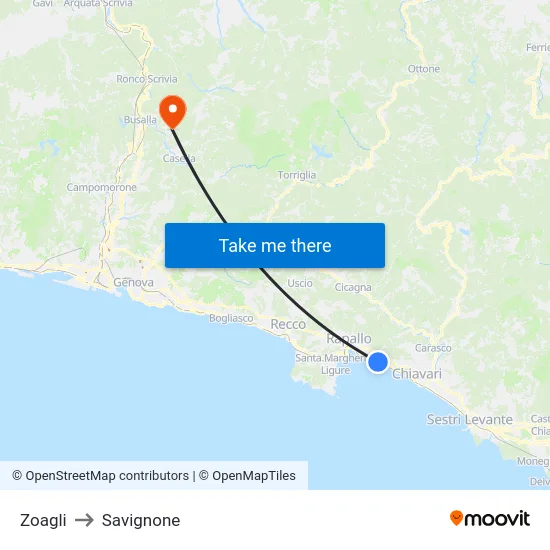 Zoagli to Savignone map