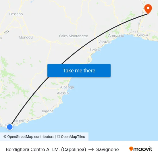 Bordighera Center A.T.M. (Terminal) to Savignone map