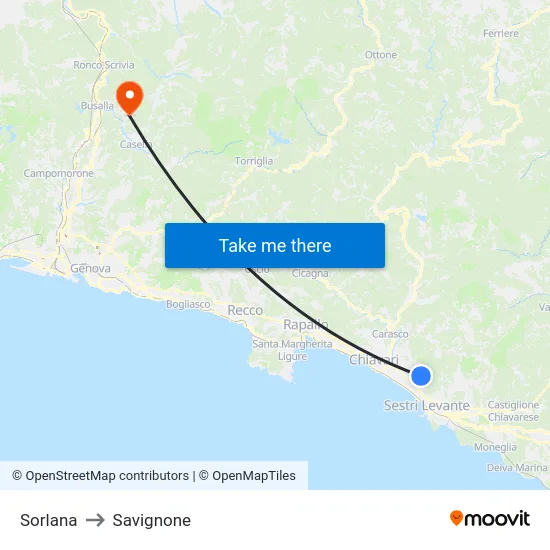 Sorlana to Savignone map