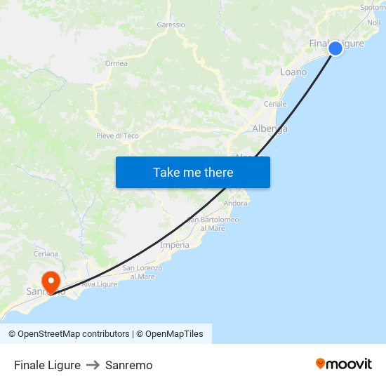 Finale Ligure to Sanremo map