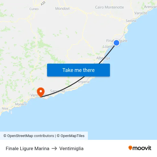 Finale Ligure Marina to Ventimiglia map