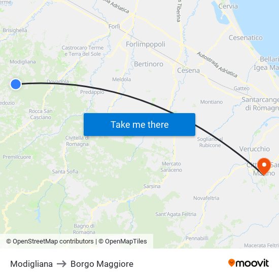 Modigliana to Borgo Maggiore map