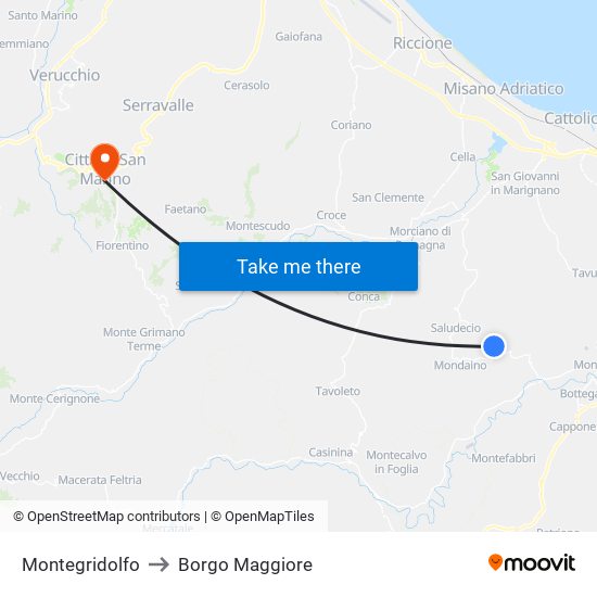 Montegridolfo to Borgo Maggiore map