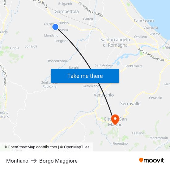 Montiano to Borgo Maggiore map