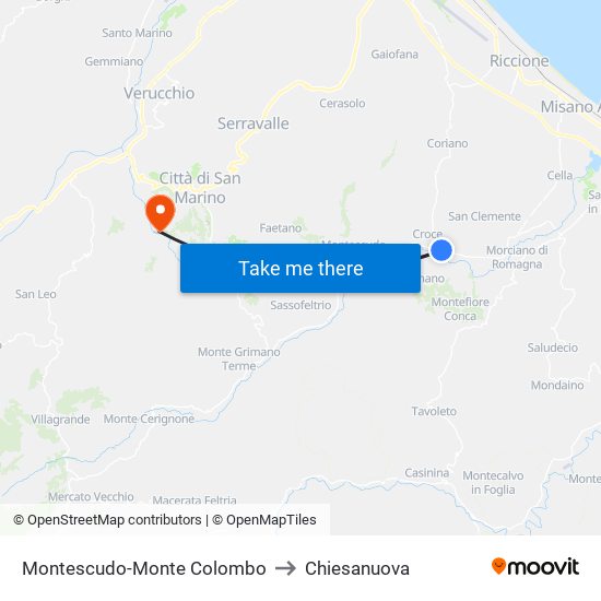 Montescudo-Monte Colombo to Chiesanuova map