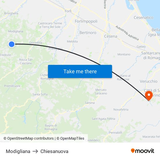Modigliana to Chiesanuova map