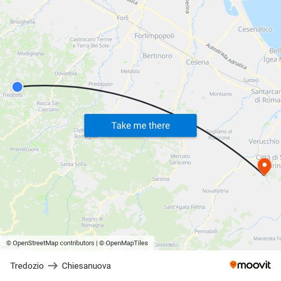 Tredozio to Chiesanuova map