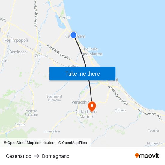 Cesenatico to Domagnano map