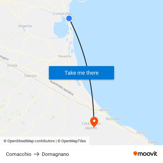 Comacchio to Domagnano map