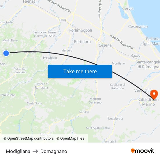 Modigliana to Domagnano map