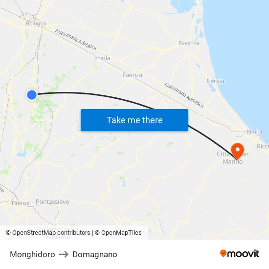Monghidoro to Domagnano map