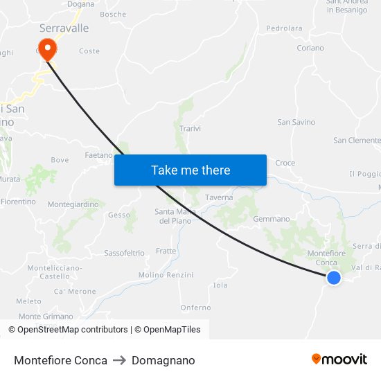 Montefiore Conca to Domagnano map