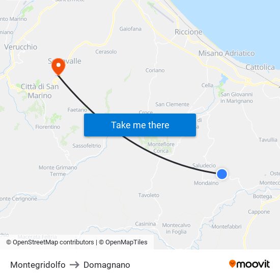 Montegridolfo to Domagnano map