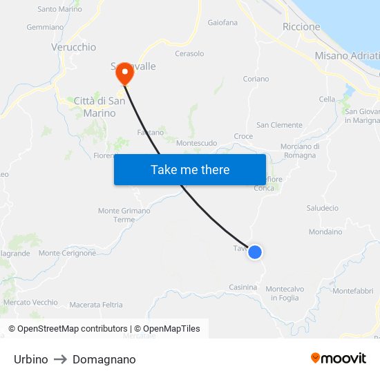 Urbino to Domagnano map