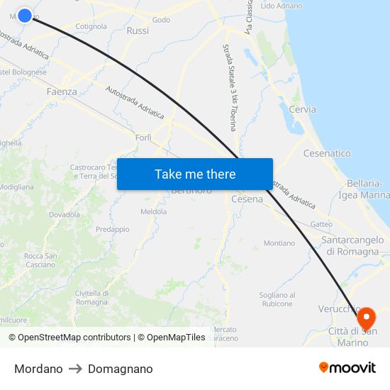 Mordano to Domagnano map