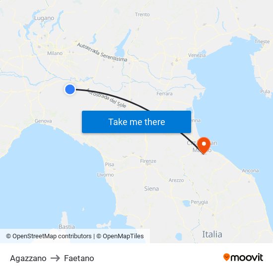 Agazzano to Faetano map