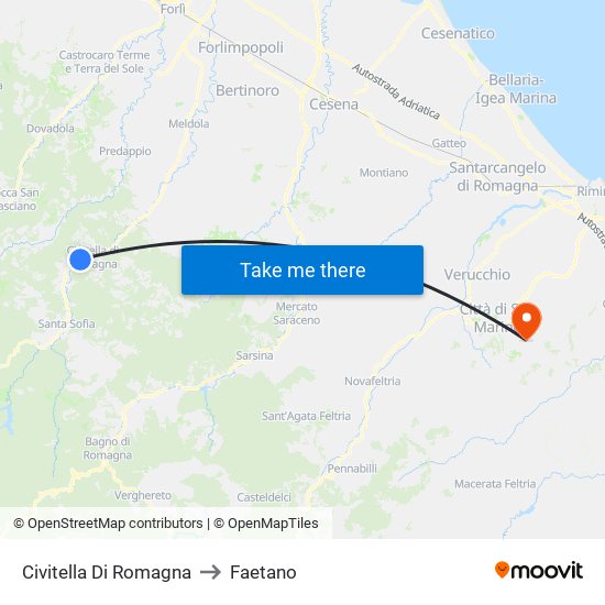 Civitella Di Romagna to Faetano map