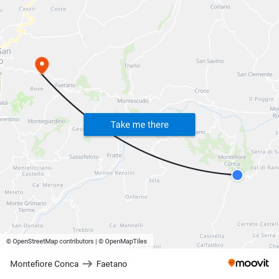 Montefiore Conca to Faetano map