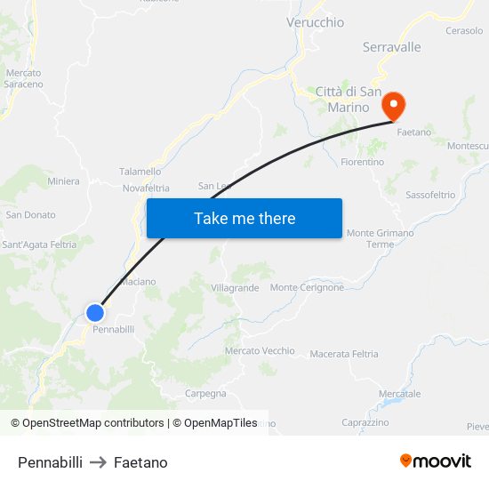 Pennabilli to Faetano map