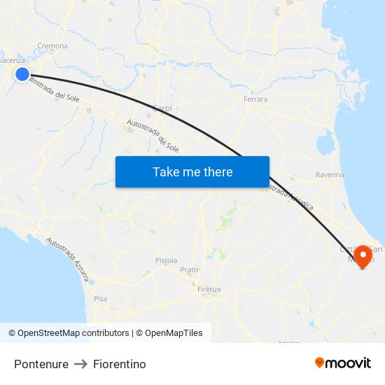 Pontenure to Fiorentino map