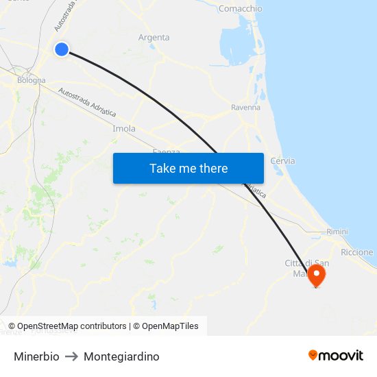 Minerbio to Montegiardino map