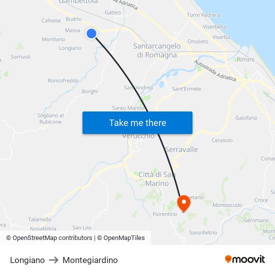 Longiano to Montegiardino map