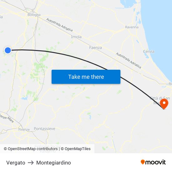 Vergato to Montegiardino map