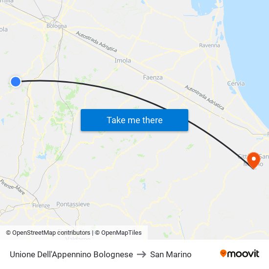 Unione Dell'Appennino Bolognese to San Marino map
