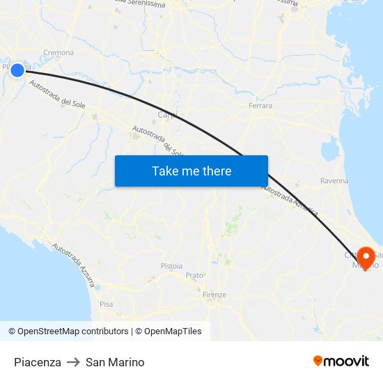 Piacenza to San Marino map
