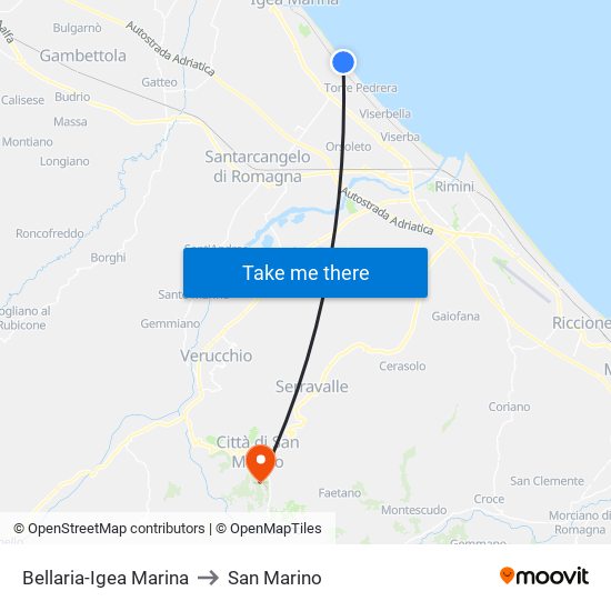 Bellaria-Igea Marina to San Marino map