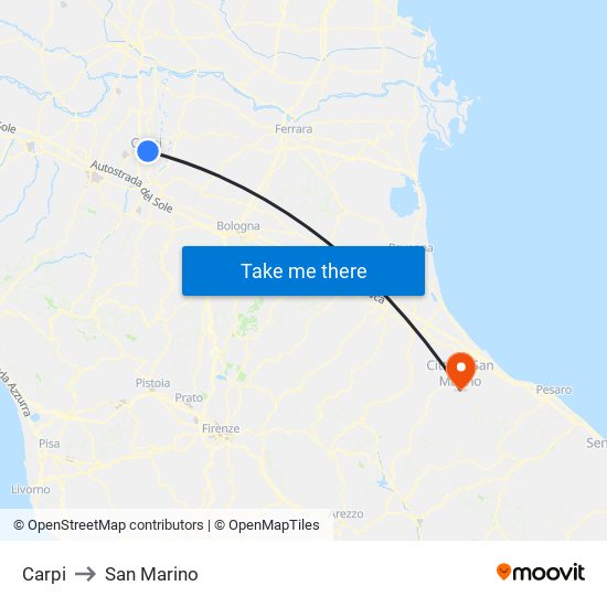 Carpi to San Marino map