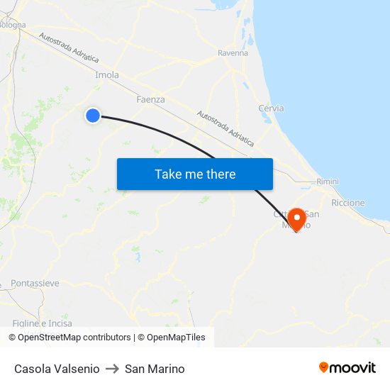 Casola Valsenio to San Marino map