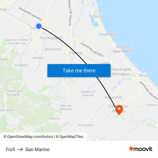 Forlì to San Marino map