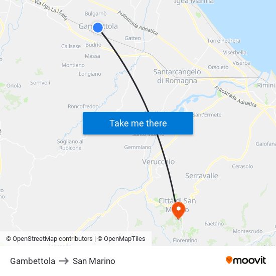 Gambettola to San Marino map