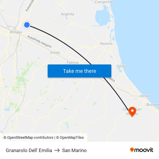 Granarolo Dell' Emilia to San Marino map