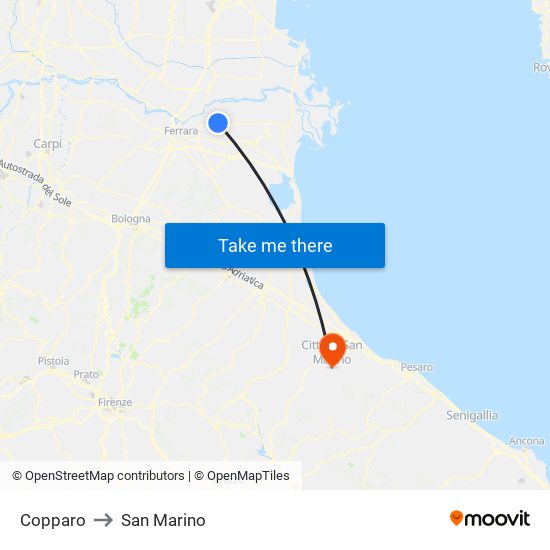 Copparo to San Marino map