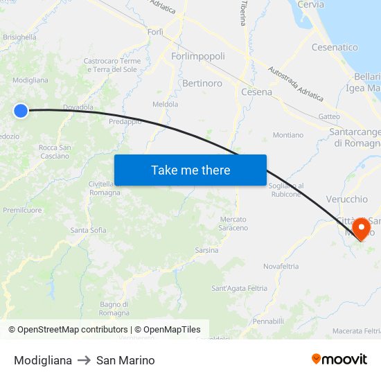 Modigliana to San Marino map